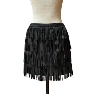 Boston Proper Leather Fringe Skirt Black Mini Western Festival NWT Size 6